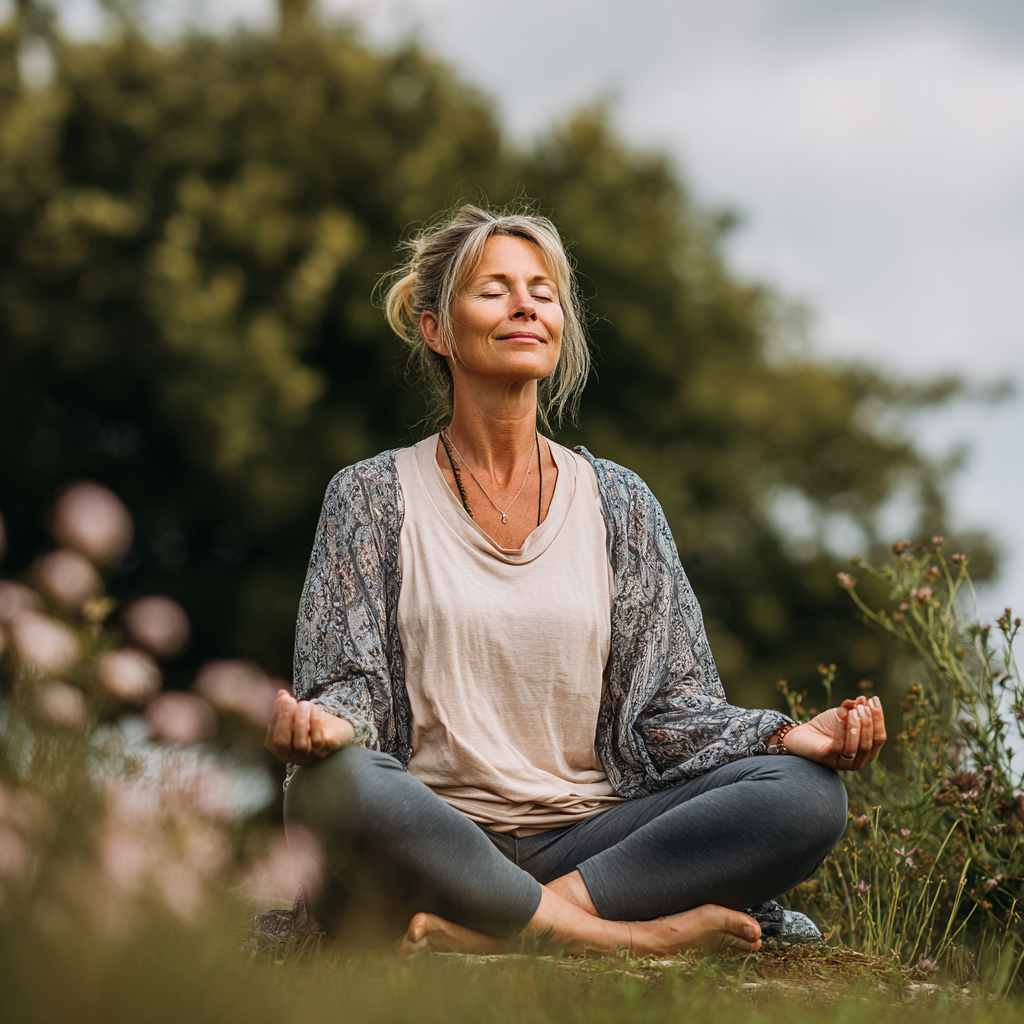 Serene Ukrainian adults practicing gentle yoga movements in a natural outdoor setting, smiling peacefully
