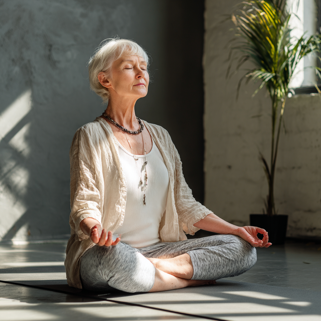 Peaceful Ukrainian yoga instructor in their 40s sitting in meditation pose outdoors, radiating calm wisdom and inner strength